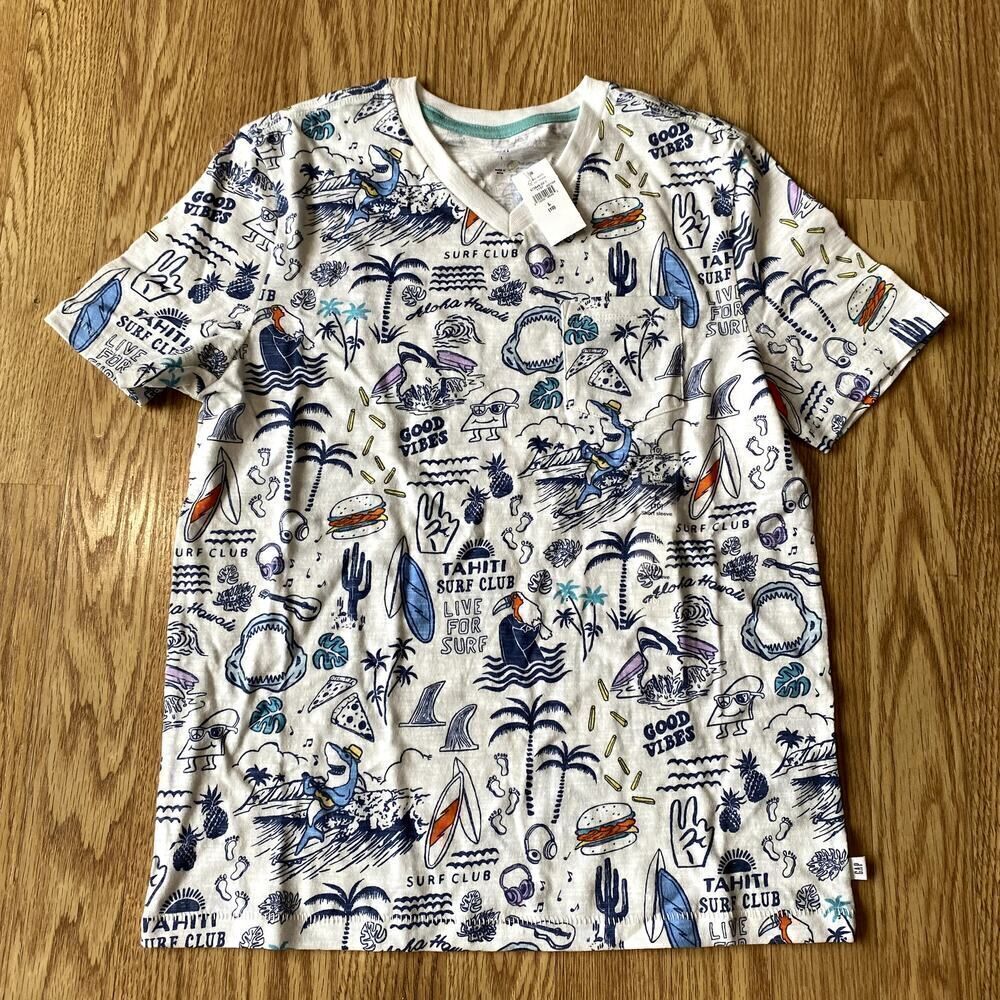 GAP Kids Surf Club Good Vibes V-Neck Short Sleeve Pocket Tee White Large 10